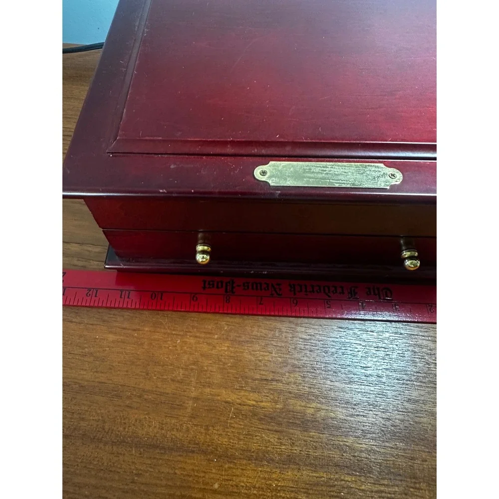 Vintage Cherry Wood Jewelry Box Gold Hardware Drawer Organizer Blank Nameplate